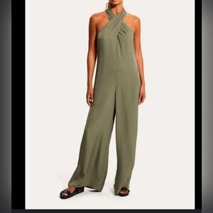 Theory Women's 6 NWT Halter Jumpsuit Willow Washed Twill Dark Faded Green